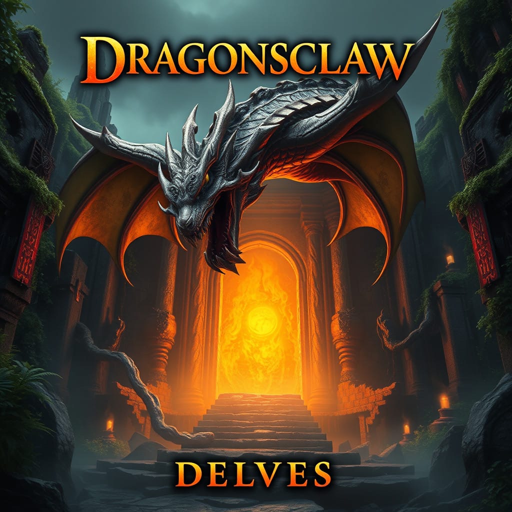 Dragonclaw Delves logo with a portal with fire coming out with a dragon guarding it